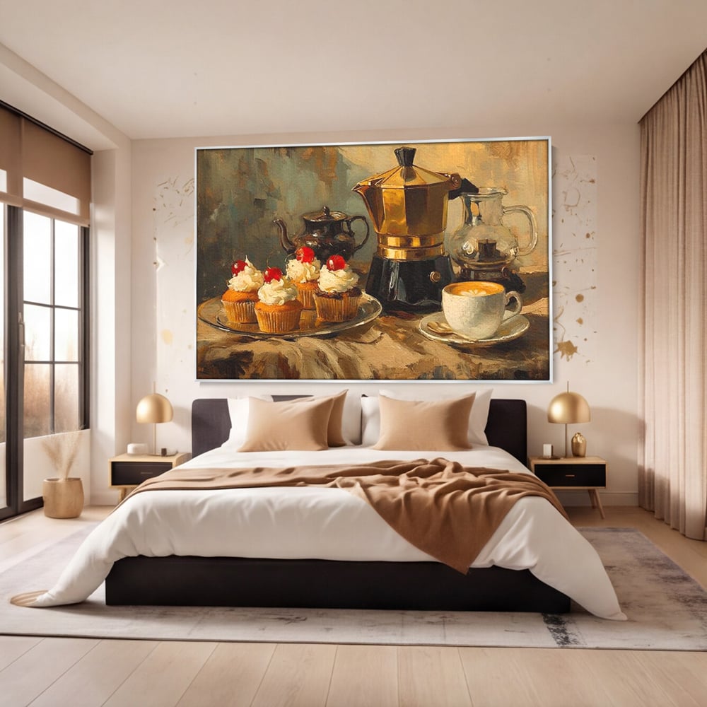 Tablou canvas cu pictura statica cu briose si cafea, in rama de aluminiu argintiu, pe perete intr-un dormitor